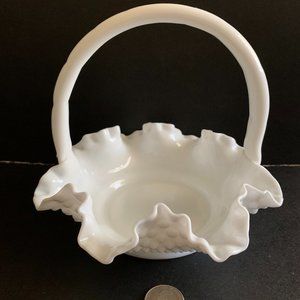 1950's Vintage Large Fenton Milk Glass Ruffled Basket w/ Double Crimped Handle